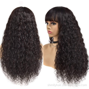 Raw Brazilian Remy Non Lace Wigs with Bangs 150% Density Cuticle Aligned Machine Made Water Wave Human Hair wigs For Black Women